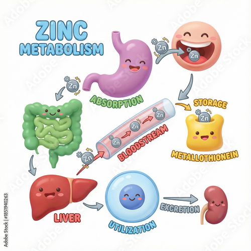 A bright and friendly 3D educational illustration explaining zinc metabolism in the human body, showing intake, absorption, transport in the bloodstream, storage, utilization, and excretion.
