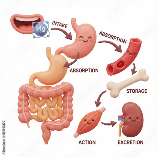 3D educational illustration of magnesium metabolism in the human body, showing intake, absorption in the digestive system, transport through blood, storage in bones, muscular action, and excretion.