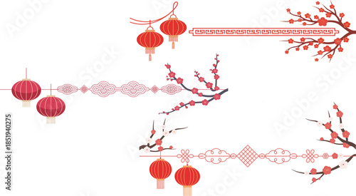 chinese new year decorative banner with red lanterns and plum blossoms