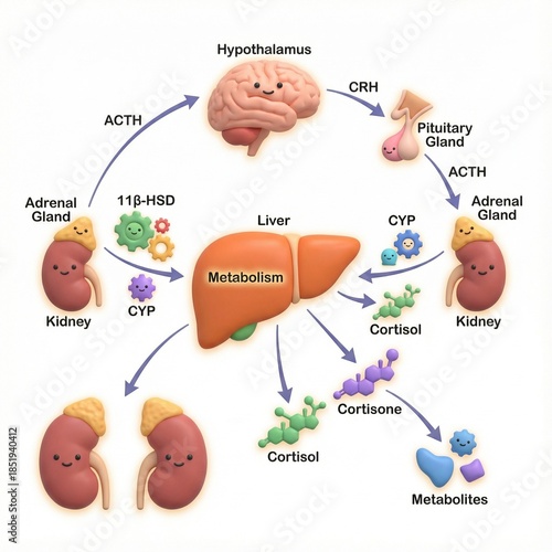 A clean and friendly 3D medical illustration visualizing cortisol metabolism and the HPA axis, showing interactions between the hypothalamus, pituitary gland, adrenal glands, kidneys, and liver. 