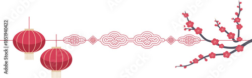 chinese new year decorative banner with red lanterns and plum blossoms