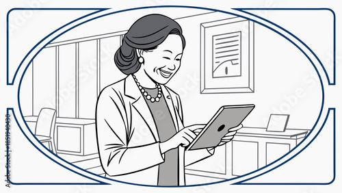 Digital Tablet User Happy Person in Office Setting Cartoon.