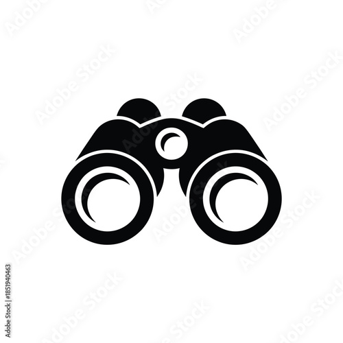 A simple black and white icon depicting a pair of binoculars