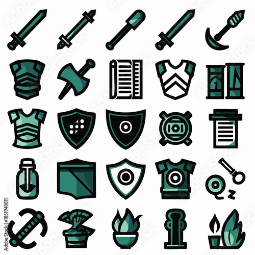 A diverse collection of stylized fantasy game icons, featuring weapons, armor, shields, and magical items, perfect for digital media projects.