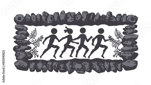 Stylized Ancient Cave Art Illustration of a Diverse Team of Runners Jogging Together Within a Rustic Stone Frame, Unity Symbol