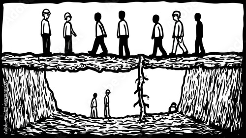 Conceptual illustration showing societal division: people walking on an upper path above a deep chasm where others reside below.