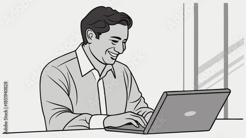 Man Working on Laptop Smiling Black and White Illustration.