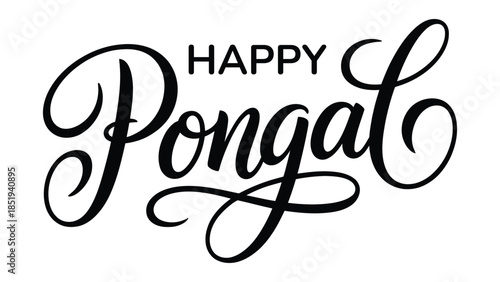Happy Pongal stylish calligraphy typography design with smooth decorative hand lettering isolated on white background for south indian harvest festival