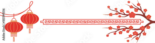 chinese new year decorative banner with red lanterns and plum blossoms