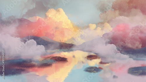 A dreamlike artistic landscape with floating elements, a surreal color palette, and fluffy clouds.