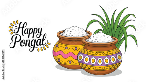 Happy Pongal harvest festival illustration with decorated clay pots, rice and sugarcane celebrating south indian culture isolated on white background
