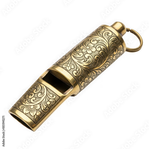 Antique brass whistle isolated on transparent background