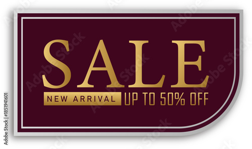 Gold burgundy sale banner promotion with elegant premium design displays new arrival message up to 50% off, isolated transparent PNG