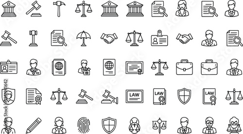 Law icons, editable stroke, justice sketch, legal outline, black and white, vector illustration