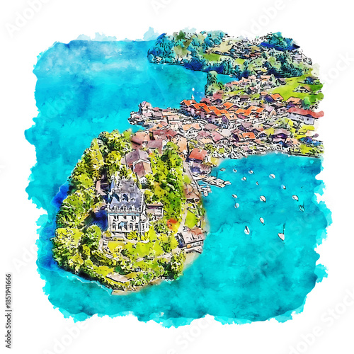 Watercolor Illustration of European Lakeside Town with Boats, Castle Mansion, and Red Rooftops