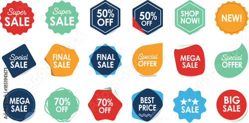 Sale labels, editable vector, promotional stickers, discount tags, colorful shapes, marketing graphics, retail icons,illustration