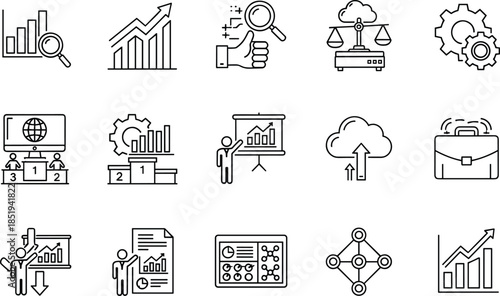Business icons, editable stroke, analytics sketch, data outline, black and white, vector illustration