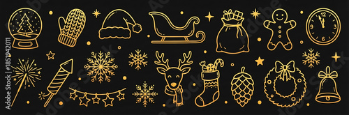 Hand drawn gold color Christmas element icon set on black background. Cute gingerbread man, sleigh, clock, mitten, sparkler sketch doodle. Golden line art vector illustration.