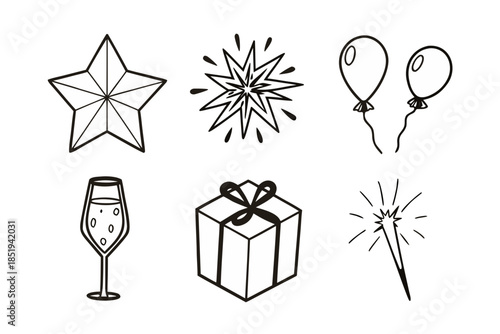collection of tiny minimal icons: star, firework, champagne flute, balloon, gift box, sparkler, all thin-line geometric, soft pastel palette, isolated on white, vector icon pack
