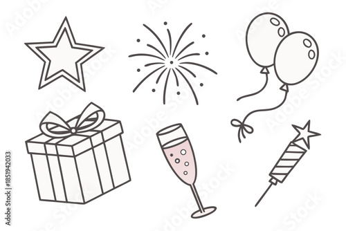 collection of tiny minimal icons: star, firework, champagne flute, balloon, gift box, sparkler, all thin-line geometric, soft pastel palette, isolated on white, vector icon pack
