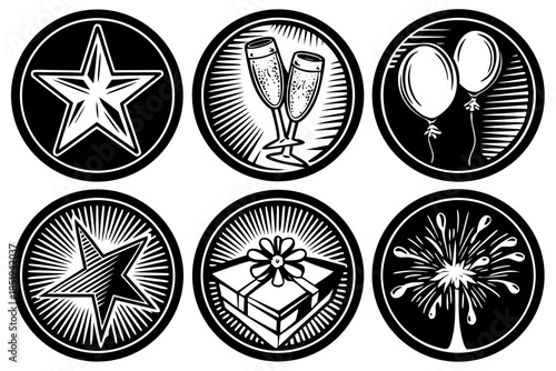 collection of tiny minimal icons: star, firework, champagne flute, balloon, gift box, sparkler, all thin-line geometric, soft pastel palette, isolated on white, vector icon pack
