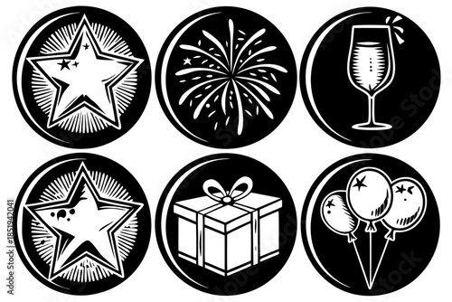 collection of tiny minimal icons: star, firework, champagne flute, balloon, gift box, sparkler, all thin-line geometric, soft pastel palette, isolated on white, vector icon pack
