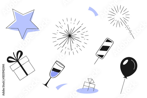 collection of tiny minimal icons: star, firework, champagne flute, balloon, gift box, sparkler, all thin-line geometric, soft pastel palette, isolated on white, vector icon pack
