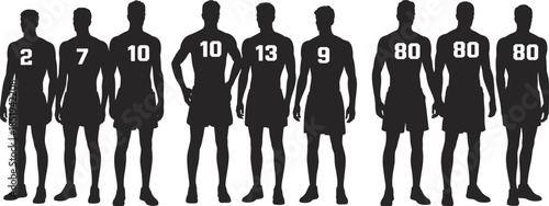 Athlete team silhouettes standing together, sports players lineup with jersey numbers, teamwork concept, football soccer basketball illustration vector