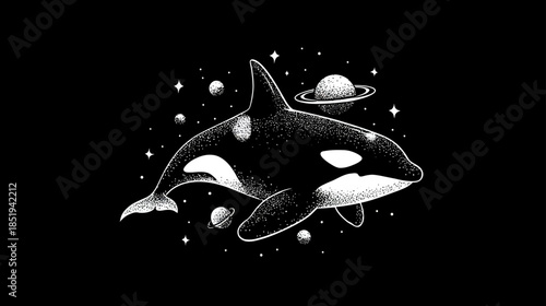 Majestic Orca Swimming Through Cosmic Space with Stars and Planets - Black and White Stipple Style Illustration