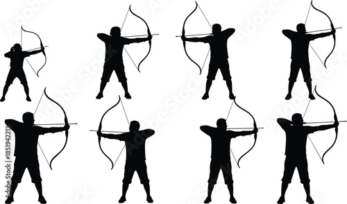 Archery archer silhouettes aiming bows and arrows in action poses, ancient sport and hunting concept, black figures isolated illustration