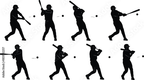 Baseball player swing sequence silhouette illustration, professional athlete batting motion, sports action poses isolated on white background vector set