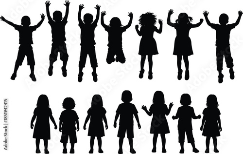 Children silhouettes jumping and standing, happy kids group illustration, childhood activity concept, playful energy, isolated black figures