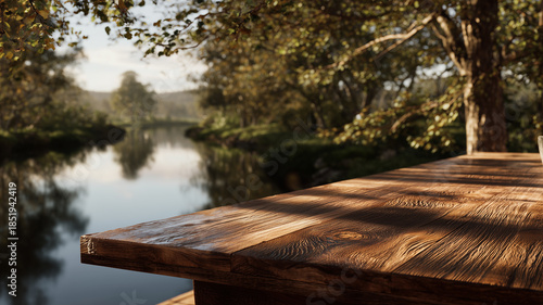 A sturdy wooden table is displayed near a river amidst a natural landscape with reflections of clear water and shady trees.