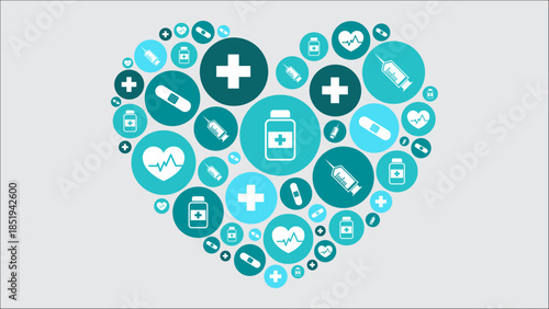 A heart shape formed by various blue and teal medical and healthcare icons like crosses, syringes, band-aids, and pill bottles on a grey background.