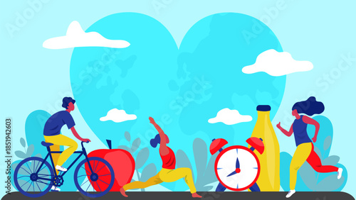 Vibrant illustration of people enjoying a healthy lifestyle, featuring cycling, yoga, and running, alongside wellness symbols like an apple, water bottle, and alarm clock