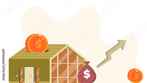 Illustration of a house-shaped piggy bank with dollar coins and a money bag, symbolizing savings and financial growth in real estate.