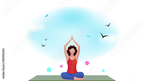 A serene illustration of a woman meditating in a lotus position on a yoga mat, surrounded by flying birds and colorful floral elements under a peaceful blue sky.