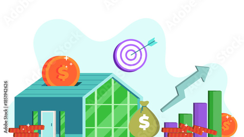 Illustration of financial growth, savings, investment, and achieving money goals with a house, coins, money bag, target, and upward graph.