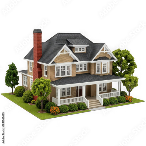 Large house with porch and chimney isolated on transparent background