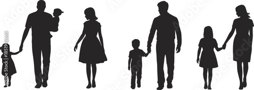 Family silhouettes walking together with parents and children, happy family bonding concept, black figures isolated on white background illustration
