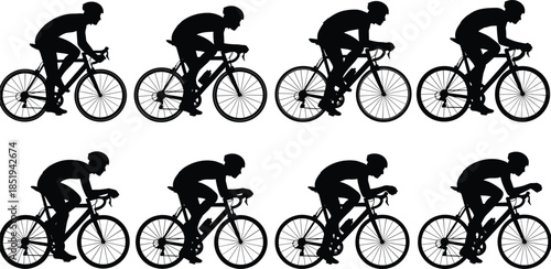 Cyclist silhouettes racing road bicycles in dynamic motion, professional cycling sport action, endurance athletes training, black figures isolated illustration