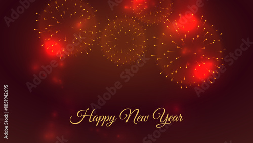Happy New Year greeting card with sparkling red and orange fireworks exploding against a dark red background, celebrating the festive season.