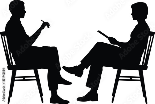 Interview conversation silhouettes of two people sitting and talking, business meeting or therapy discussion concept, black figures isolated illustration