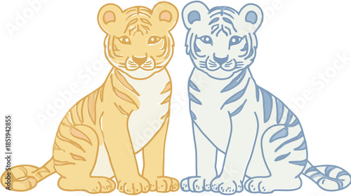 Cute cartoon tiger cubs vector illustration. Adorable baby big cats, one yellow and one blue, sitting together.