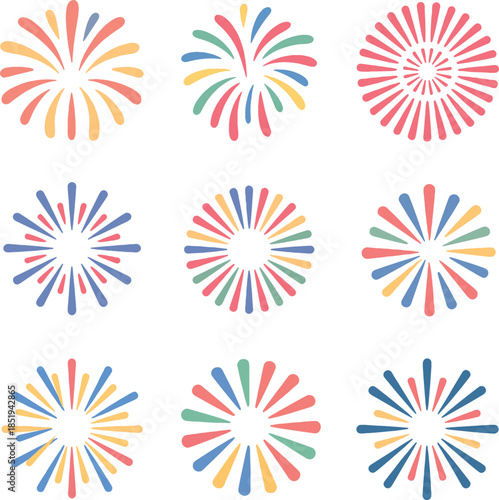 "Pastel Fireworks Icon Set - Colorful Abstract Celebration Burst Collection"
