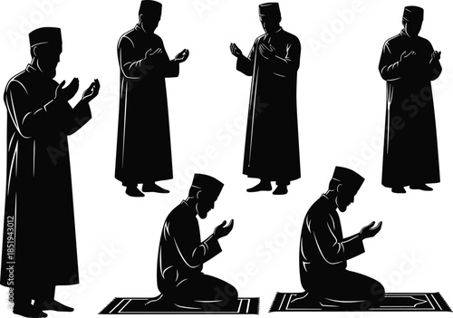 Muslim man silhouettes praying salah in different positions, Islamic worship ritual, spiritual devotion figures isolated on white illustration, background, design