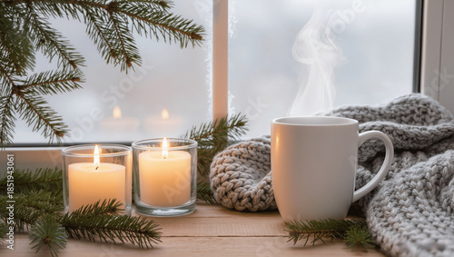 Cozy winter still life with a steaming mug, knitted blanket, lit candles and pine branches, soft warm light, snowy window background, no people