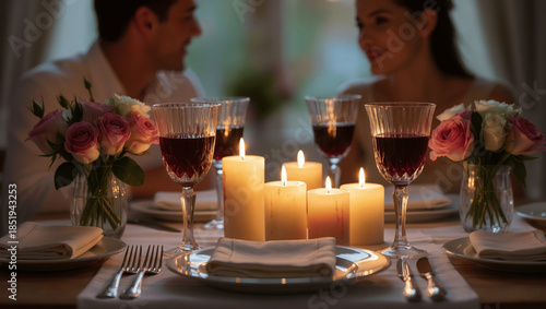 Romantic table setting with two wine glasses and candles, couple’s silhouettes softly blurred in background, warm atmosphere