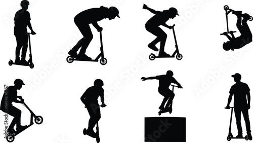 Scooter trick silhouettes, freestyle stunt riding poses, urban extreme sport action, kick scooter riders isolated on white background