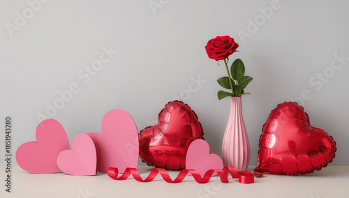 Pink and red minimalist Valentine’s Day decorations on neutral background, clean modern aesthetic, no people